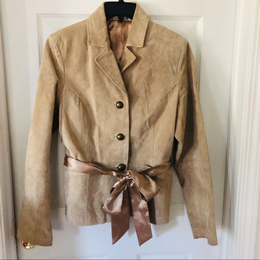 Ruffhewn tan genuine suede leather silky satin tie belt jacket Size medium
